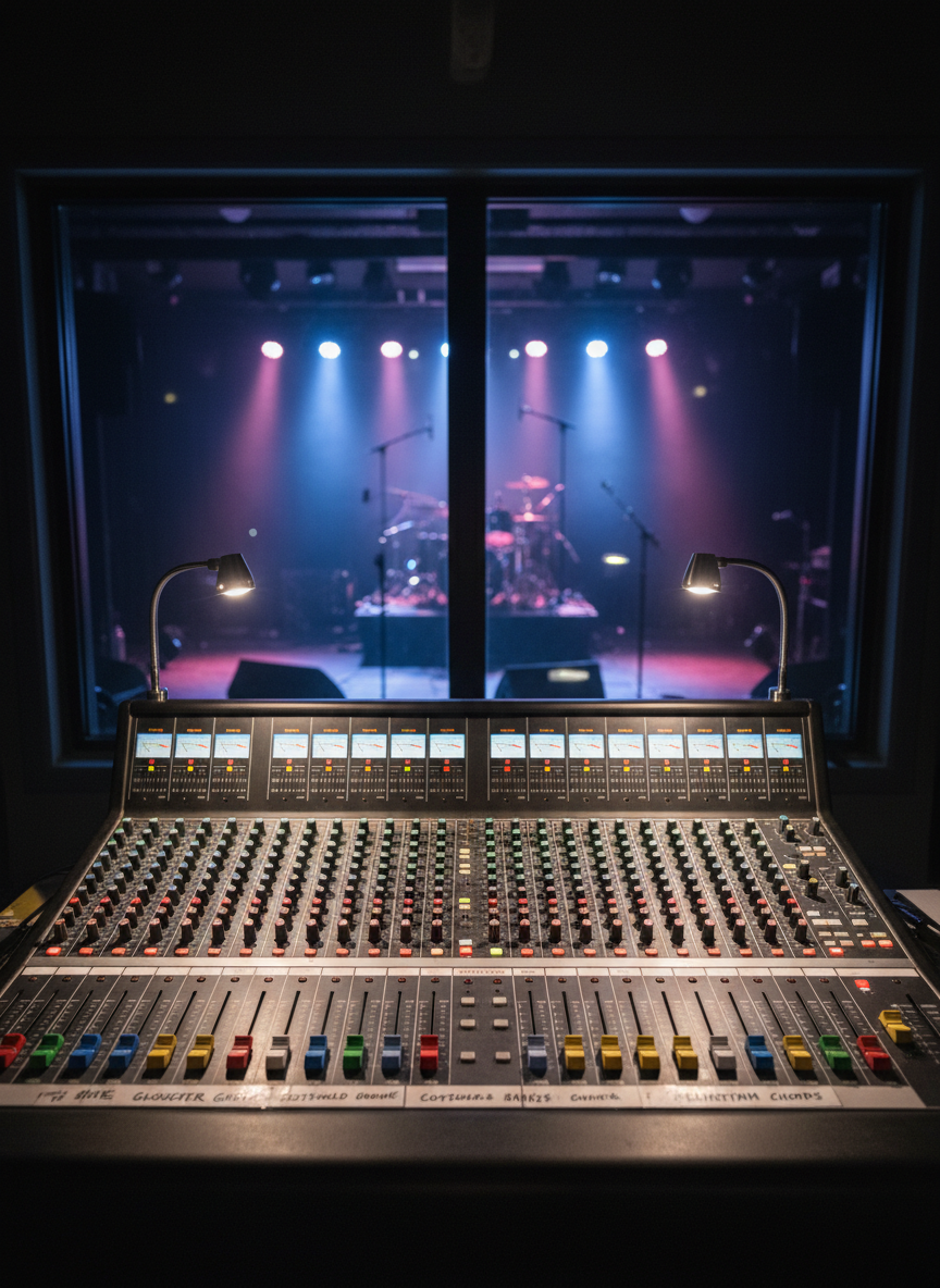 An immaculate mixing desk in a compact independent venue control booth in Gloucestershire, its brushed metal surface dotted with glowing LED meters, colored faders, and neatly labeled tape strips naming local bands. Behind it, a large double-glazed window overlooks an empty, dimly lit stage with a drum kit and mic stands silhouetted. Cool, focused task lighting illuminates the console, creating precise reflections on the knobs and sliders, while the stage beyond is washed in soft blue and magenta. Captured from an eye-level perspective, with shallow depth of field emphasizing the desk, the photographic style is clean and professional, suggesting behind-the-scenes expertise guiding the county’s grassroots music events.