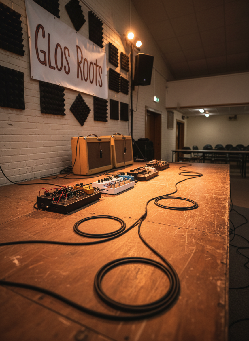 A weathered plywood stage platform in a small Gloucestershire village hall, its surface scuffed from years of grassroots gigs, with neatly coiled instrument cables, a row of guitar pedalboards, and a pair of vintage tweed amplifiers set close together. A simple vinyl banner reading “Glos Roots” hangs behind, surrounded by mismatched black acoustic panels on pale brick walls. Warm amber stage lights from above create soft pools of light and gentle shadows across the gear, while the rest of the hall fades into a subtle photographic bokeh. Shot from a low, three-quarter angle with crisp photographic realism, the composition feels professional yet intimate, capturing the authentic essence of a local grassroots music hub without showing any performers.