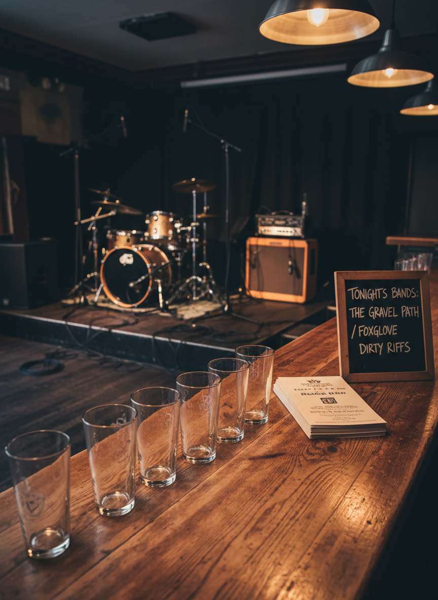 A well-worn wooden bar counter in an independent Gloucestershire music pub, its varnish slightly dulled, with a row of empty pint glasses, a stack of neatly folded event flyers, and a small chalkboard listing tonight’s grassroots bands. Beyond the bar, a compact stage area holds a drum kit, bass amp, and mic stands amid coiled cables. Warm tungsten pendant lights above cast a golden glow, creating soft reflections in the glassware and gentle shadows on the bar’s grain. Shot from a slightly elevated angle, the foreground bar in crisp focus and the stage subtly blurred, the photographic composition feels welcoming and professional, highlighting the venue as a central hub for local live music.