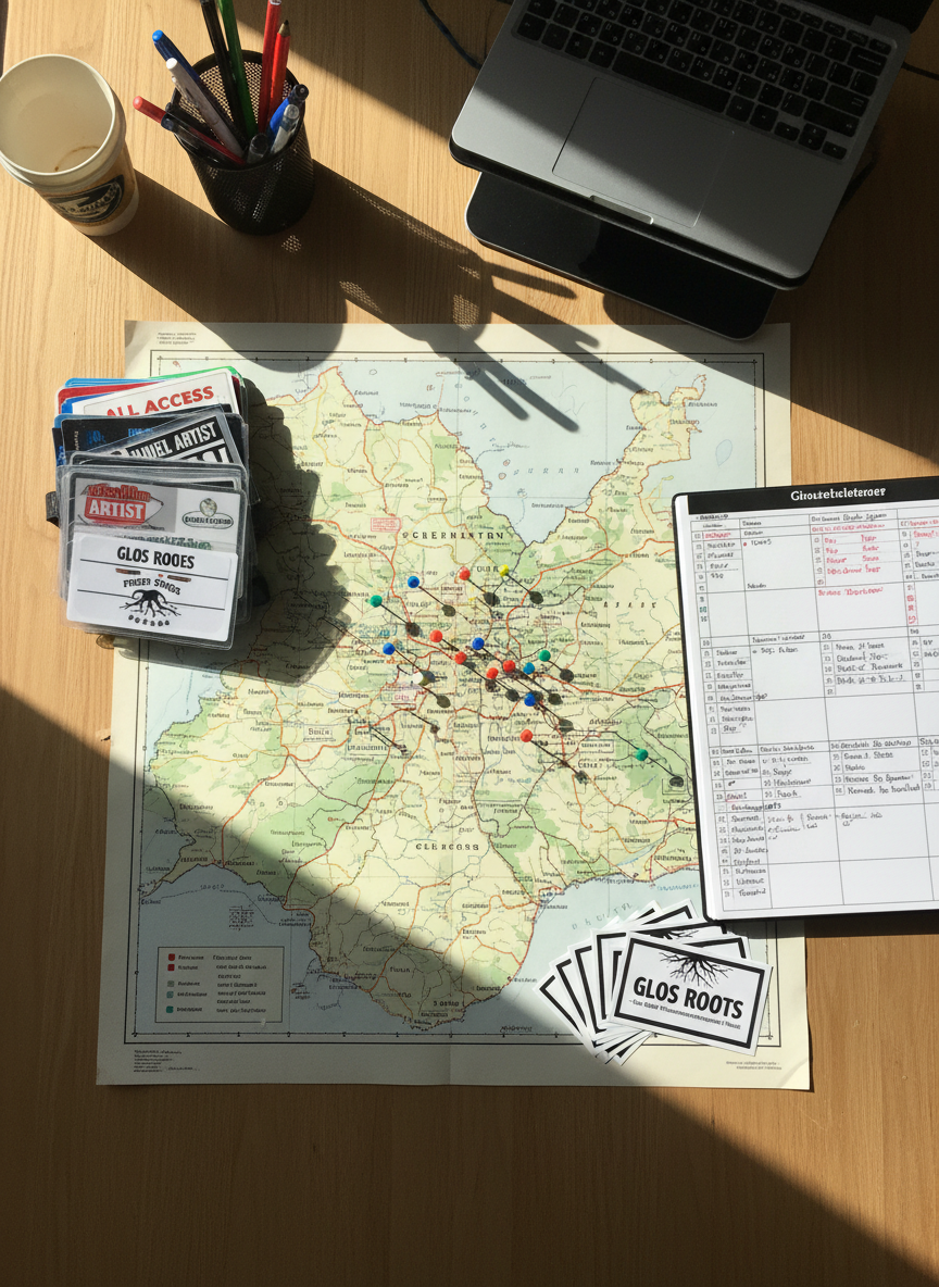 A detailed overhead shot of a planning desk for the Gloucestershire grassroots music scene, featuring a large printed map of the county dotted with small color-coded pins marking venues, rehearsal spaces, and festivals. Around the map lie neatly arranged laminates, venue passes, a spiral-bound gig planner with handwritten dates, and branded “Glos Roots” cards. Natural daylight from a nearby window streams across the light oak tabletop, creating soft, directional shadows that accentuate paper textures and pinheads. The photographic realism, combined with a clean, organized composition and top-down perspective, conveys a professional yet grassroots atmosphere, emphasizing the site’s role as a structured, authoritative guide to local music events without depicting any people.