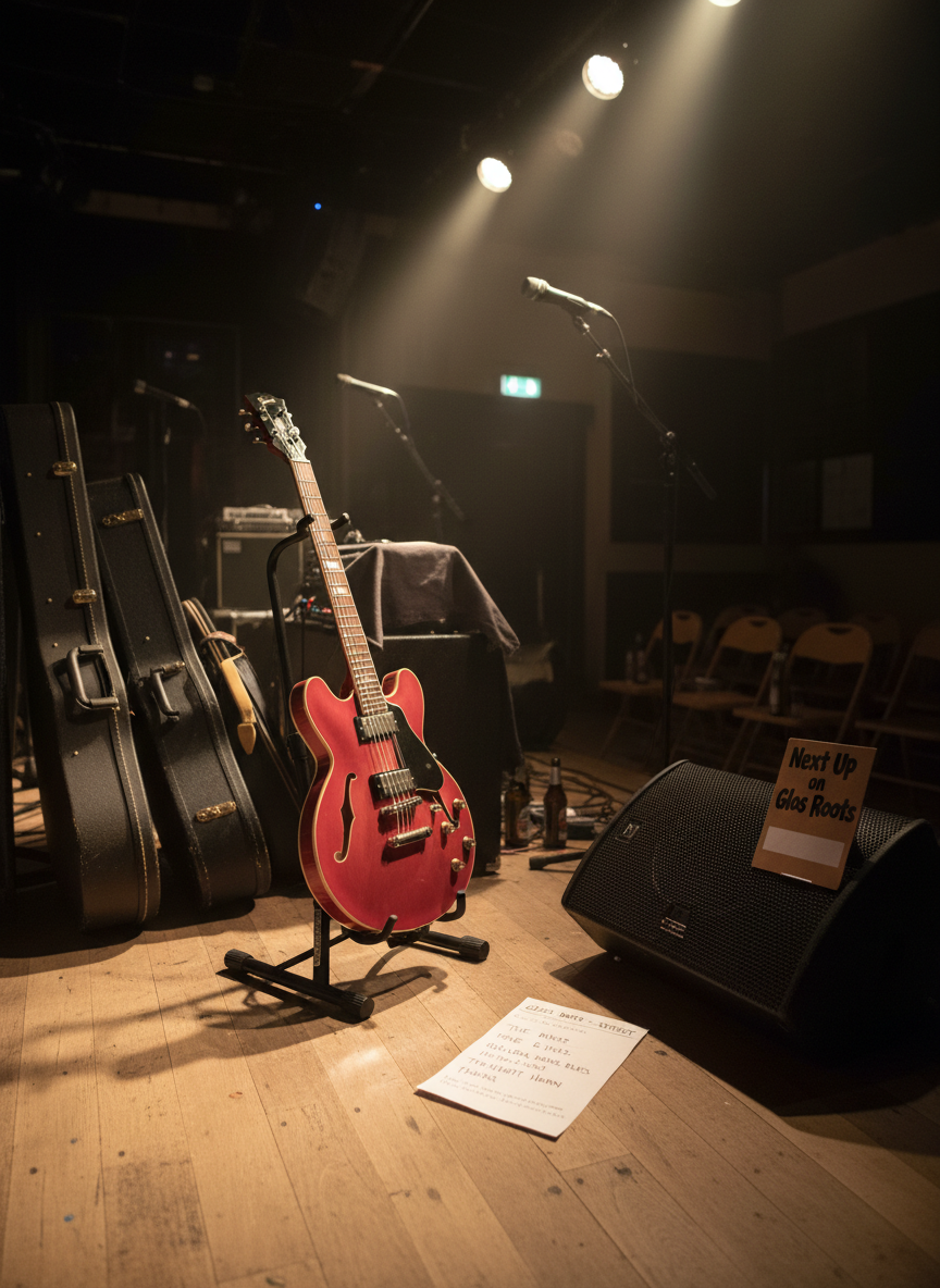 A quiet, late-night scene of a compact grassroots venue stage in Gloucestershire after a show has finished, with instrument cases stacked neatly, a semi-hollow guitar resting on a stand, and a setlist taped to the floor, slightly crumpled. A small “Next Up on Glos Roots” sign sits on a monitor wedge, ready for tomorrow’s listings. The stage is lit only by a few remaining overhead spots, casting directional beams that carve out dramatic highlights on the guitar’s glossy finish and soft shadows around the cases. Photographed from the side at a low angle, with a cinematic, photographic realism, the mood is reflective and professional, capturing the enduring heartbeat of the local music scene in a calm, human-free moment.