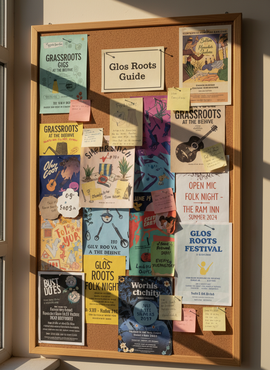 A close-up of a cork noticeboard in a cozy Gloucestershire community arts center, densely covered with colorful flyers and hand-printed posters for grassroots gigs, open mic nights, and local festivals. Edges curl slightly, paper textures and stapled corners clearly visible, with small handwritten notes and dates added in pen. A subtle “Glos Roots Guide” sign sits pinned neatly at the top. Diffused afternoon light from a nearby window glances across the board, casting soft, angled shadows that emphasize layers of paper. Photographed straight-on with sharp focus across the entire frame, the image has a documentary, photographic realism that feels organized yet vibrant, showcasing the breadth of the local music scene without any human figures.