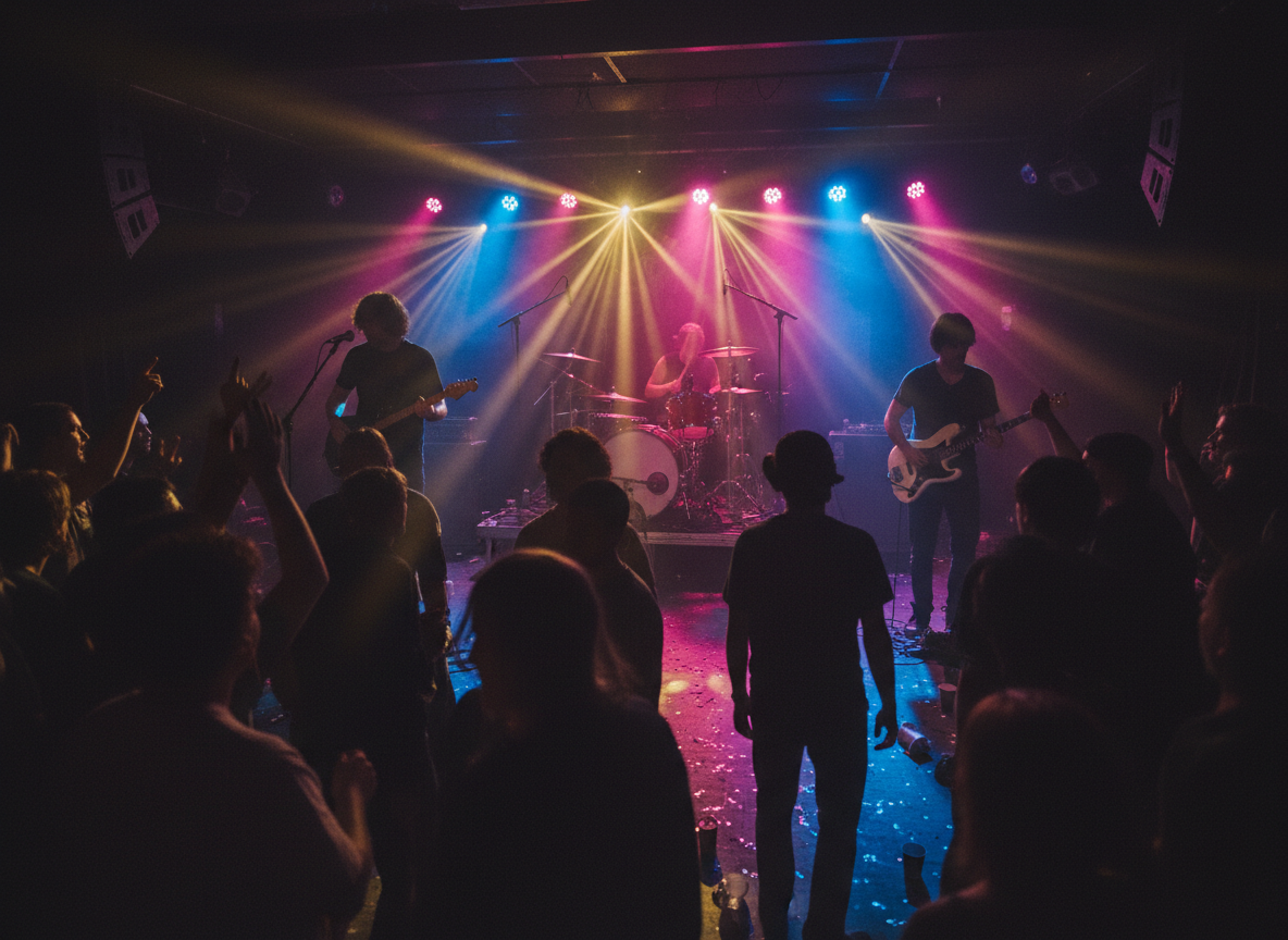 A generic atmospheric photo representing live music in a small venue: silhouettes of a band on stage with guitars and drums, coloured stage lights, and a cheering crowd, no recognizable faces or logos.